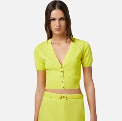 Elisabetta Franchi Maglieria E Felpe^Cardigan Cropped In Viscosa Con Lettering In Strass