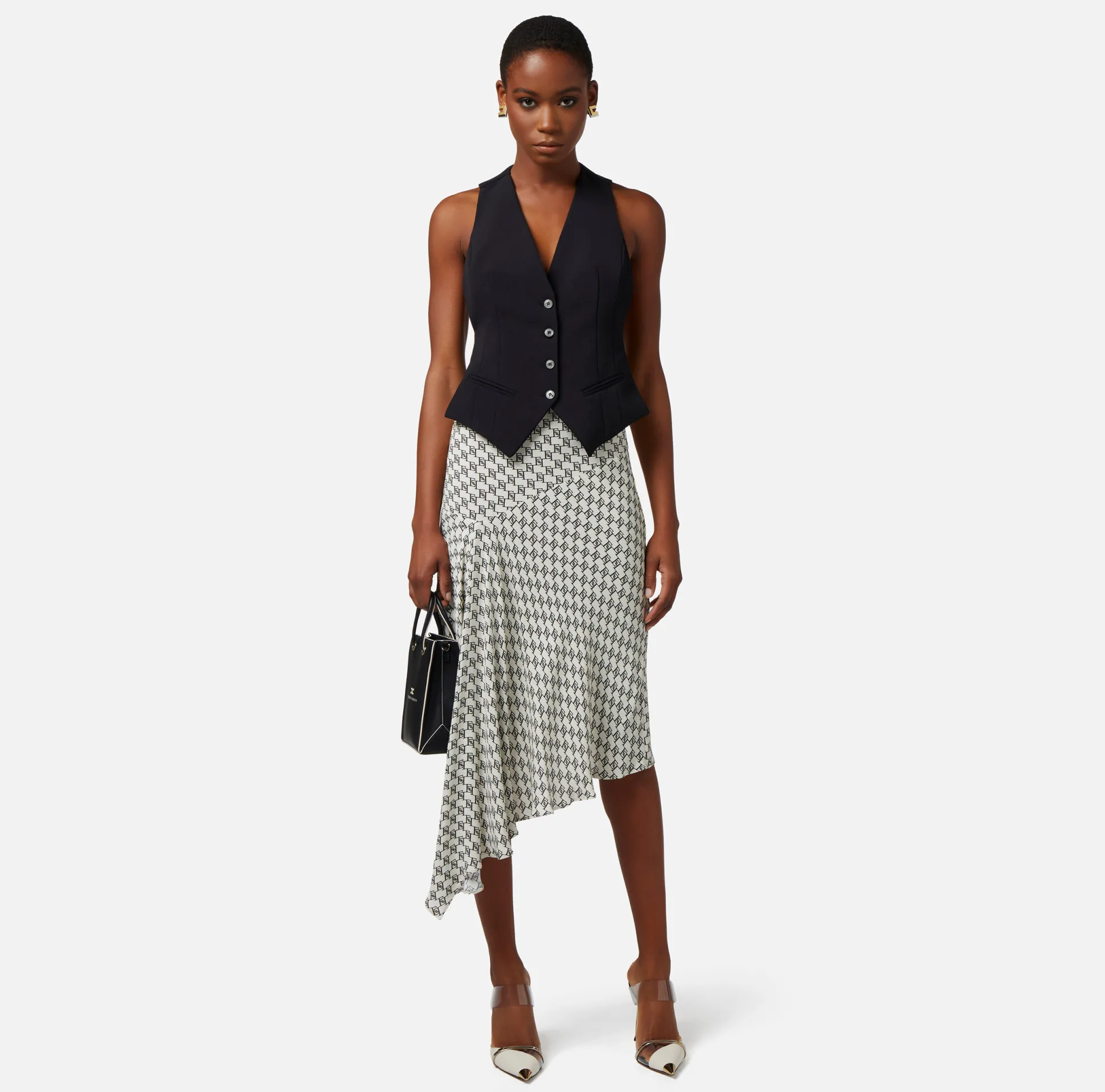 Elisabetta Franchi Gonne^Gonna Midi In Georgette Stampa Logo Asimmetrica