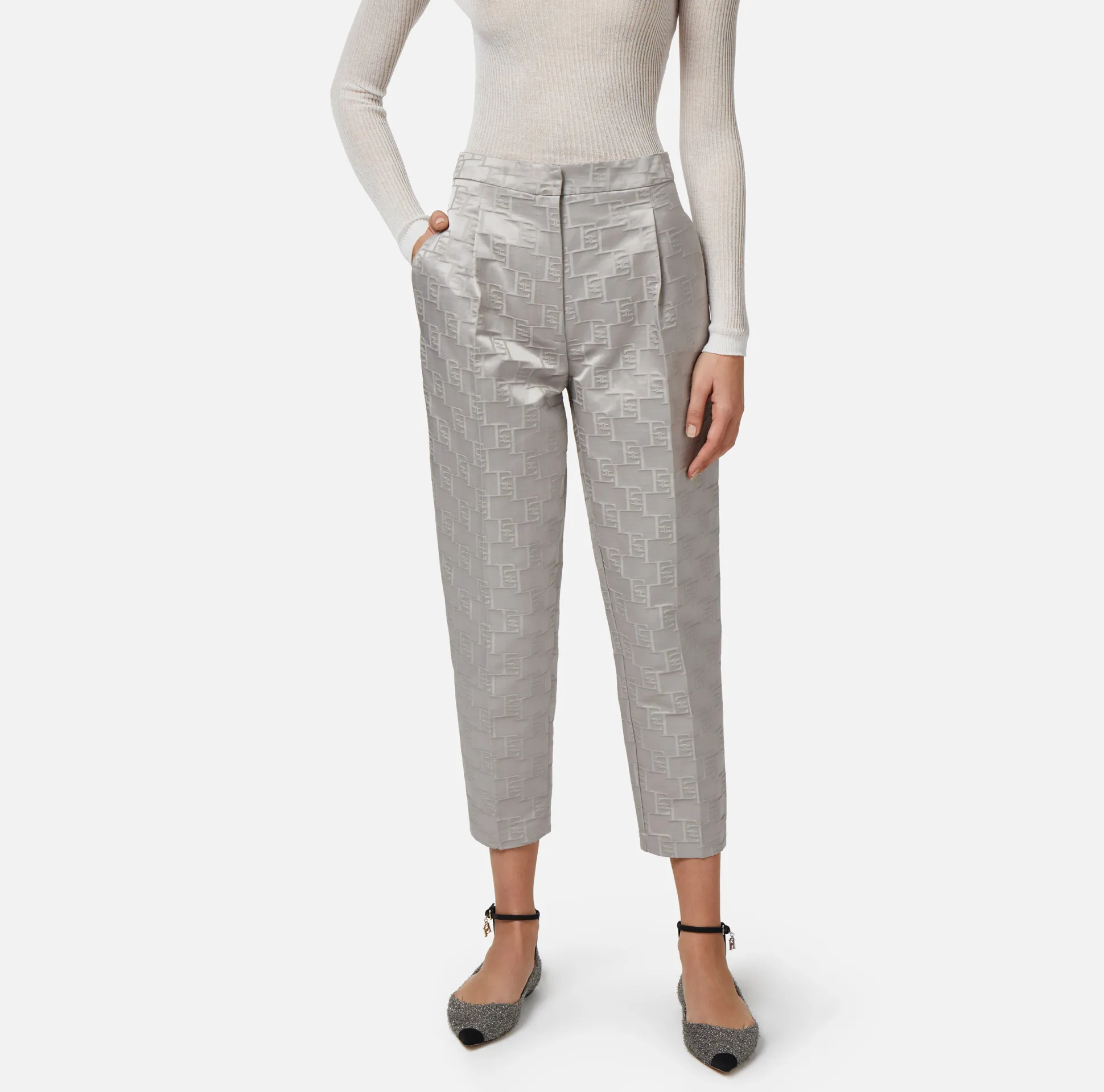 Elisabetta Franchi Pantaloni E Shorts^Pantalone Dritto In Raso Jacquard Con Pinces