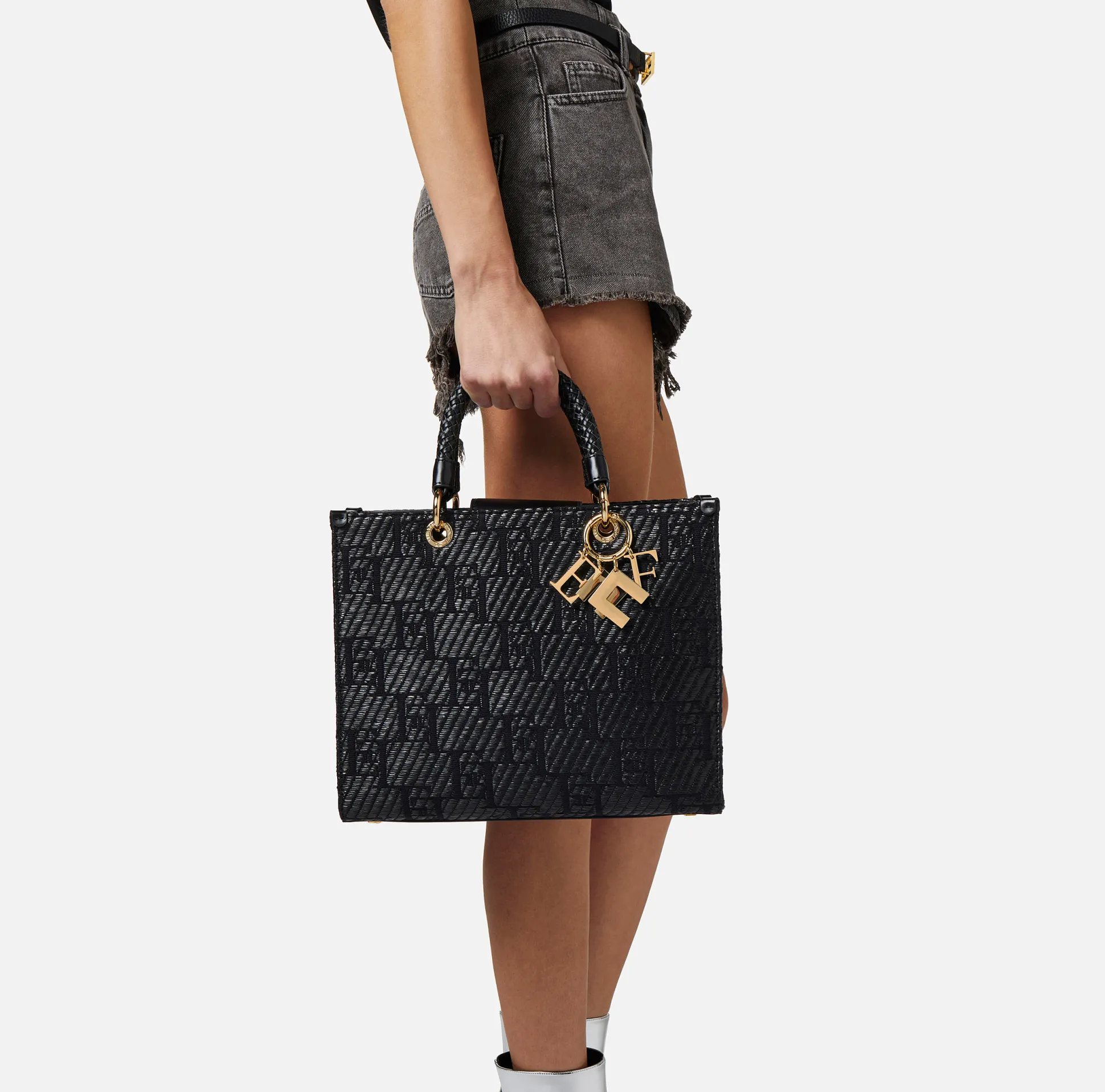 Elisabetta Franchi Borse A Mano^Shopper Media In Rafia Jacquard Con Charms