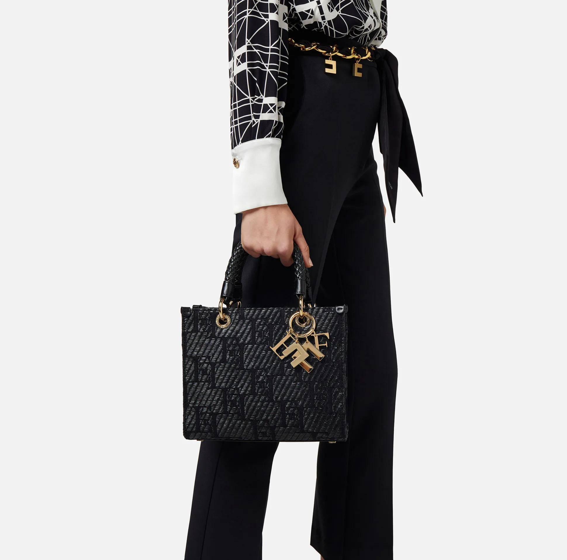 Elisabetta Franchi Borse A Mano^Shopper Piccola In Rafia Jacquard Con Charms