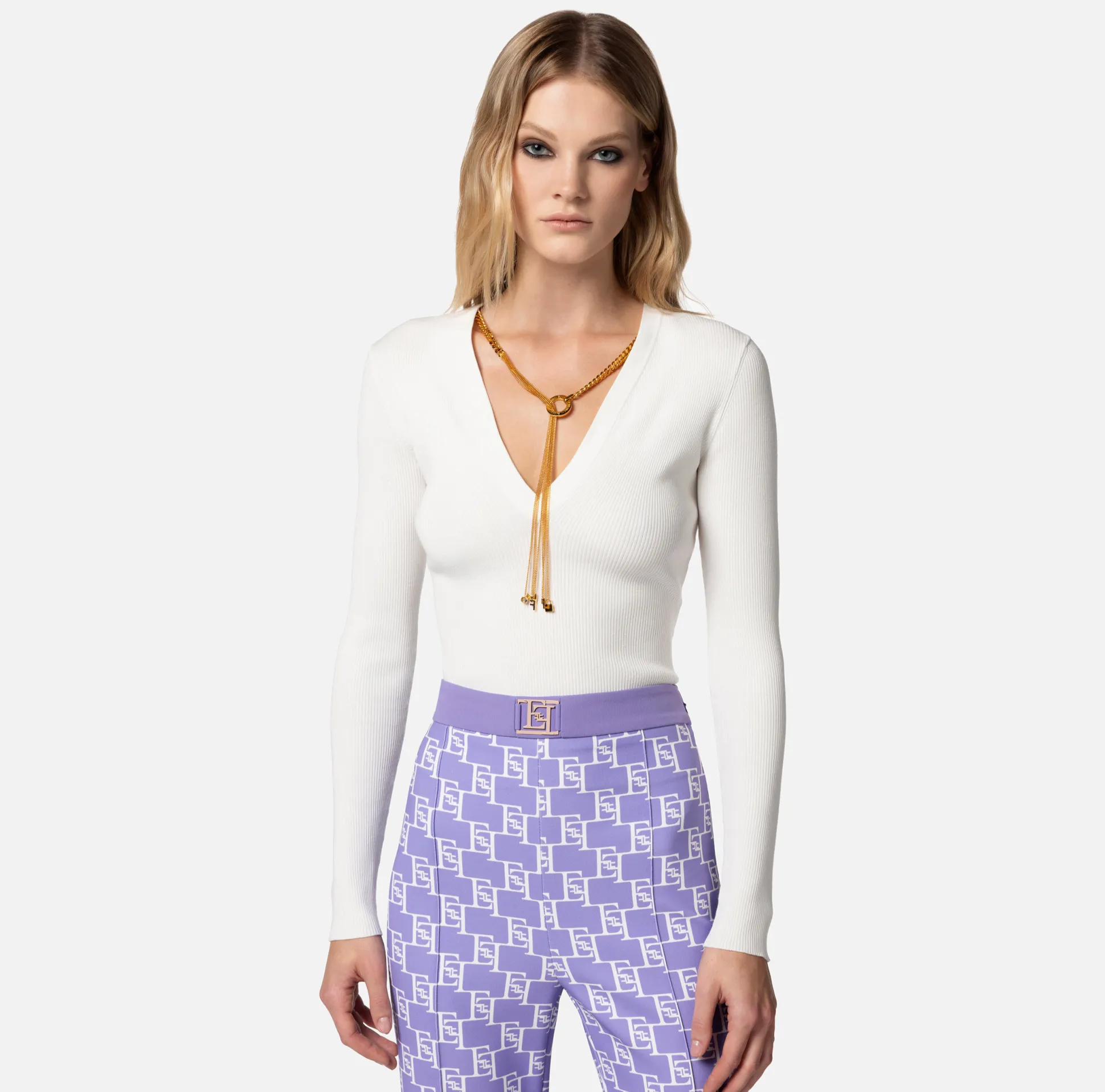 Elisabetta Franchi Maglieria E Felpe^Top A Maniche Lunghe In Viscosa A Costine Con Collana