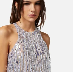 Elisabetta Franchi Top, T-Shirt & Body^Top Cropped In Tulle Con Frange Di Perline E Paillettes