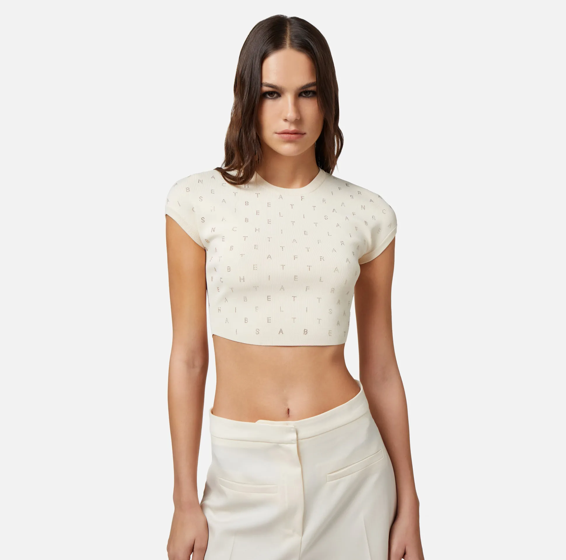 Elisabetta Franchi Top, T-Shirt & Body^Top Cropped In Viscosa Con Lettering In Strass