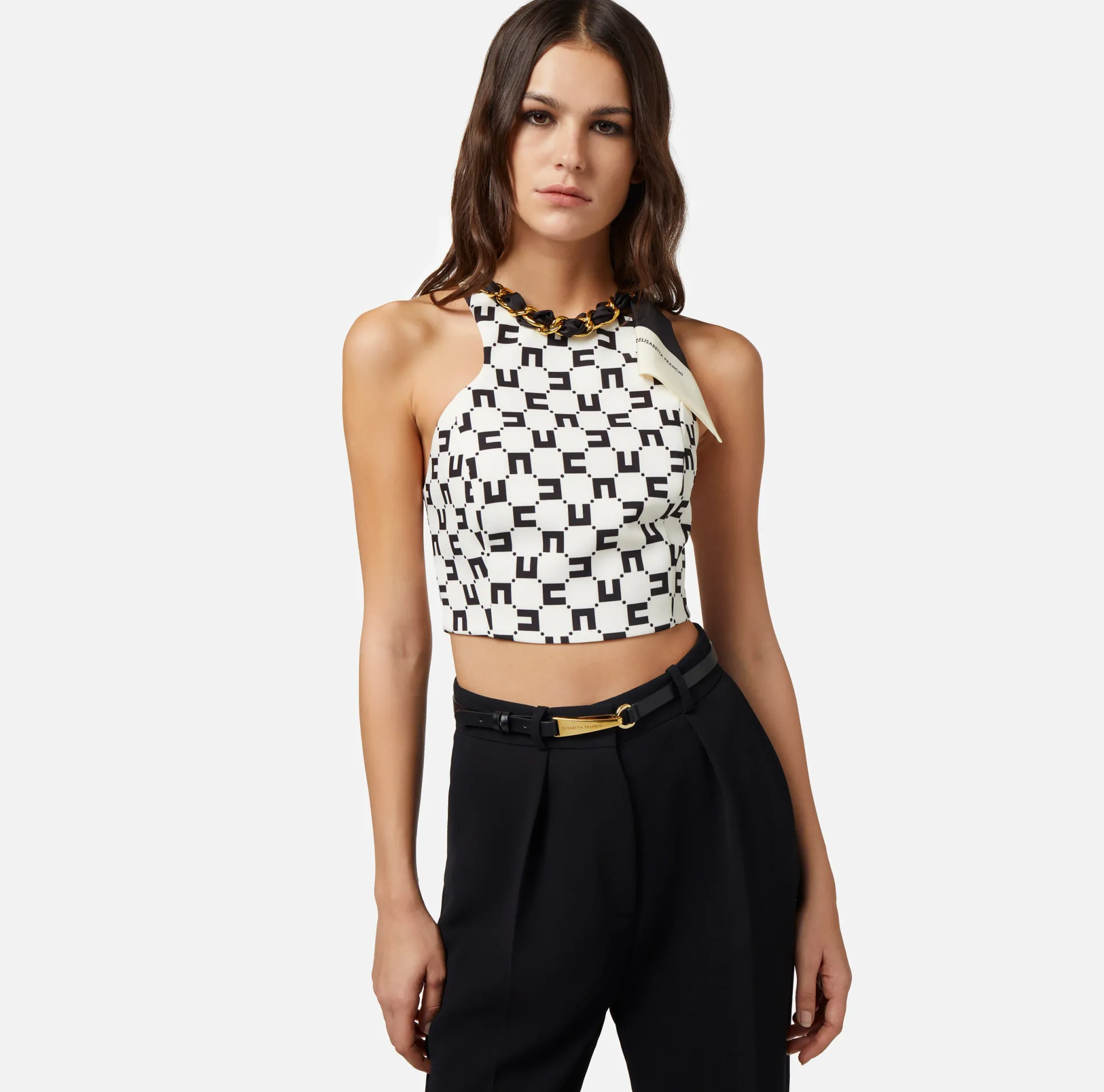 Elisabetta Franchi Top, T-Shirt & Body^Top In Crepe Stretch Stampa Logo Con Catena Foulard