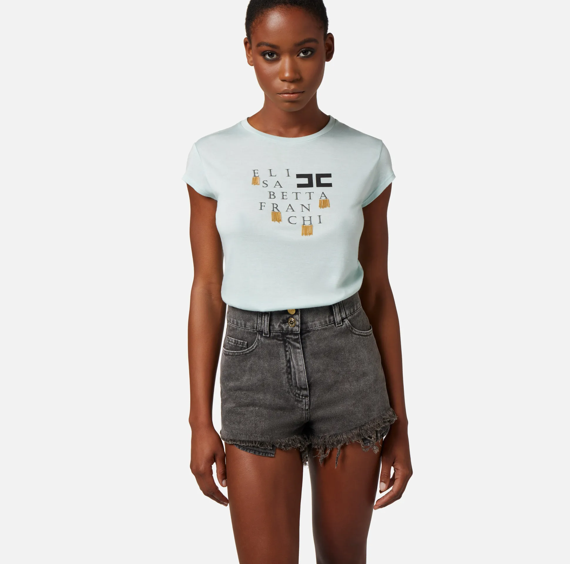 Elisabetta Franchi Top, T-Shirt & Body^T-Shirt In Jersey Con Logo E Frange